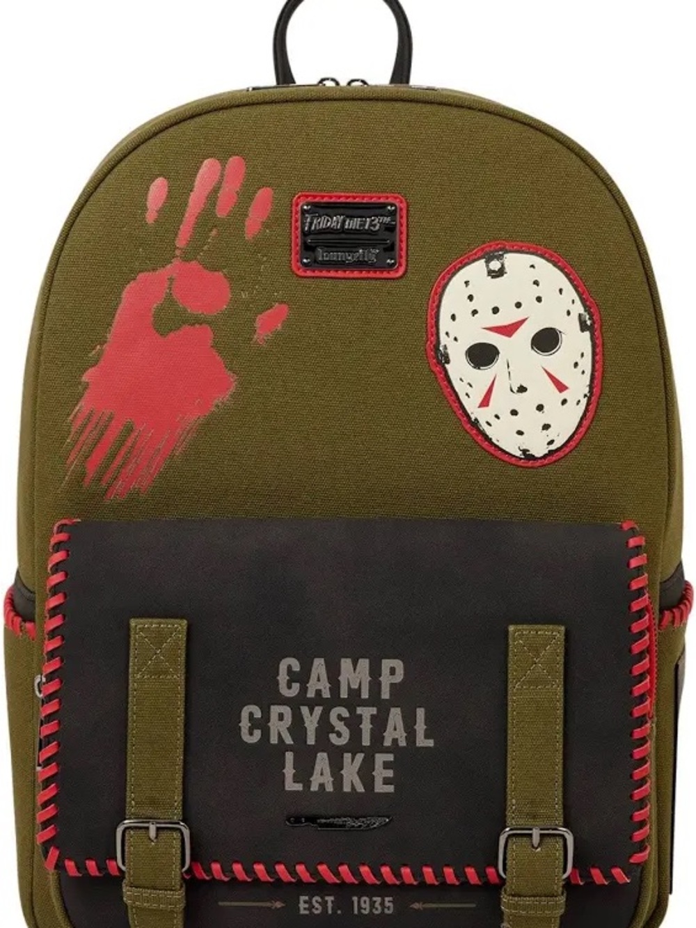Loungefly Olive Green and Red Camp Crystal Lake Horror Friday the 13th Backpack